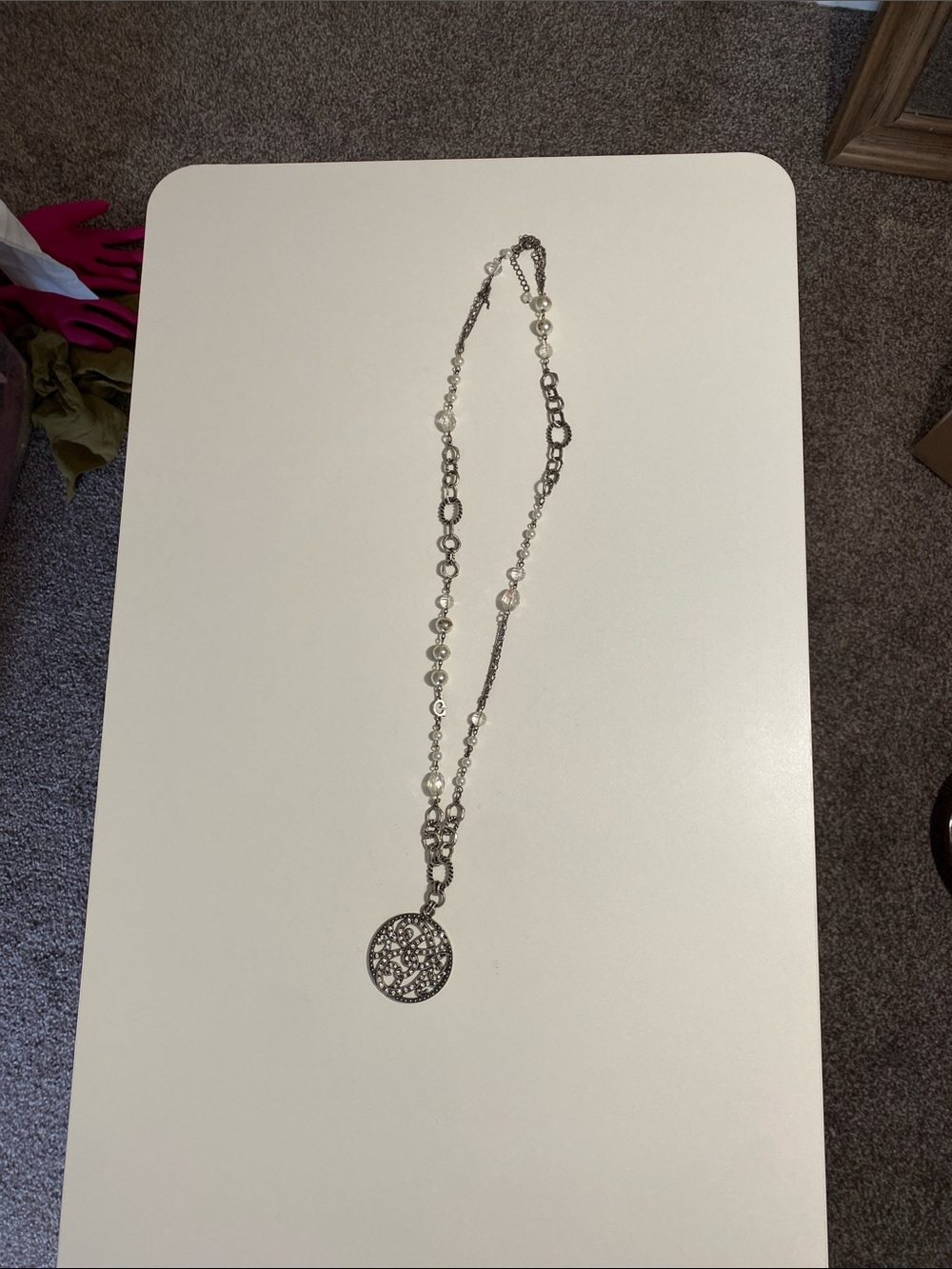 Guess Silver-Tone Filigree Pendant Necklace with Faux Pearls